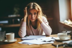 woman with head in hands considers the signs of seasonal depression