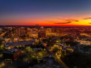 A sunset aerial view of the city of Fairfax.
