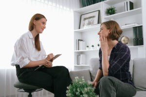 A woman speaks with her anxiety counselor in Annapolis.