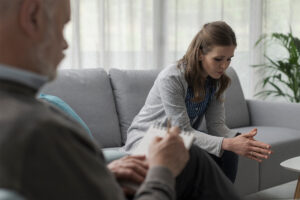 A woman sits with her forearms against her knees. She is participating in depression counseling near Annapolis, MD