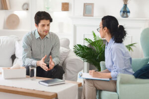 therapist and client discuss if spravato is right to treat hard-to-treat depression